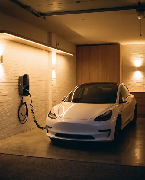 Wall mounted EV charger plugged into a white electric car in a home garage