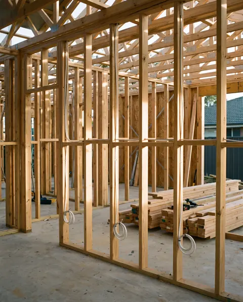 Timber wall frames with neat runs of electrical cable during a new home build