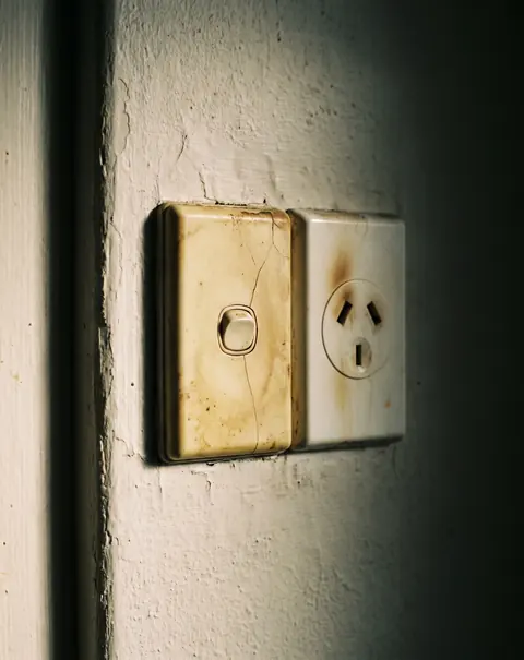 An old yellowed light switch and a scorched power point on a wall
